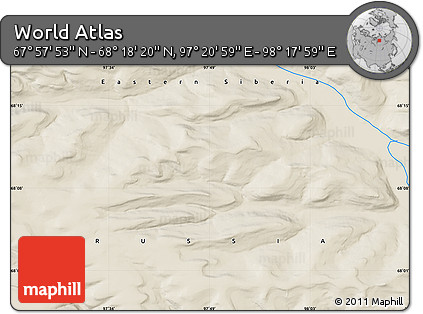 Shaded Relief Map of the Area around 68° 8' 7" N, 97° 49' 29" E