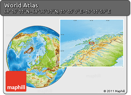 Physical Location Map of the Area around 68° 26' 21" N, 16° 13' 30" E