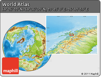 Physical Location Map of the Area around 68° 26' 21" N, 16° 13' 30" E