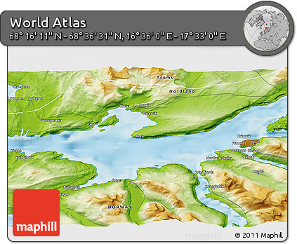 Physical 3D Map of the Area around 68° 26' 21" N, 17° 4' 30" E