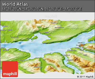 Physical 3D Map of the Area around 68° 26' 21" N, 17° 4' 30" E