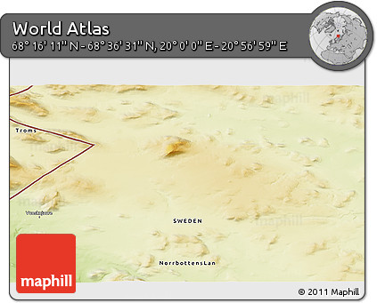 Physical 3D Map of the Area around 68° 26' 21" N, 20° 28' 30" E