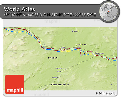 Physical 3D Map of the Area around 68° 26' 21" N, 22° 10' 29" E