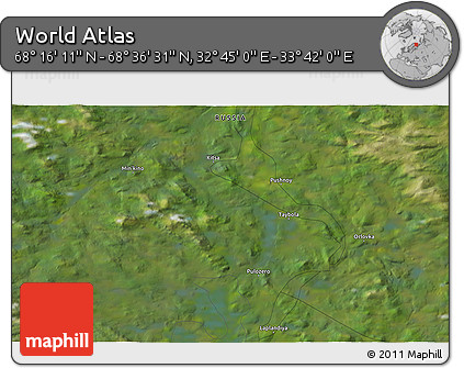 Satellite 3D Map of the Area around 68° 26' 21" N, 33° 13' 30" E