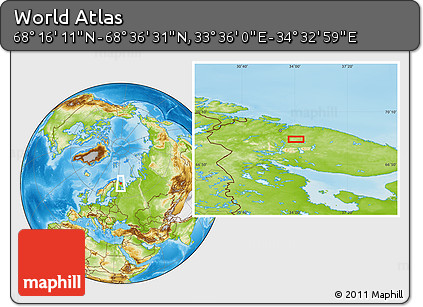 Physical Location Map of the Area around 68° 26' 21" N, 34° 4' 30" E