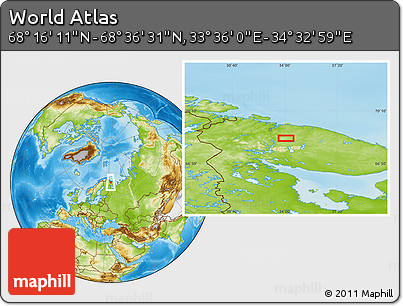 Physical Location Map of the Area around 68° 26' 21" N, 34° 4' 30" E