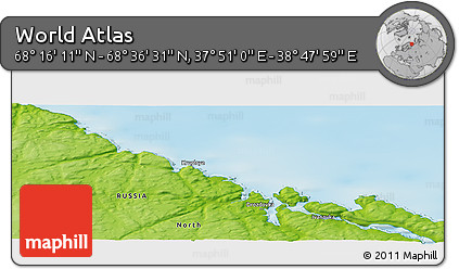 Physical Panoramic Map of the Area around 68° 26' 21" N, 38° 19' 30" E