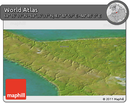 Satellite 3D Map of the Area around 68° 26' 21" N, 44° 16' 29" E