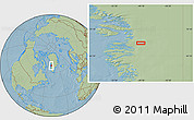 Savanna Style Location Map of the area around 68° 26' 21" N, 49° 13' 30" W, hill shading