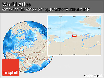 Shaded Relief Location Map of the Area around 68° 26' 21" N, 50° 13' 30" E