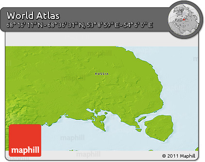 Physical 3D Map of the Area around 68° 26' 21" N, 53° 37' 30" E