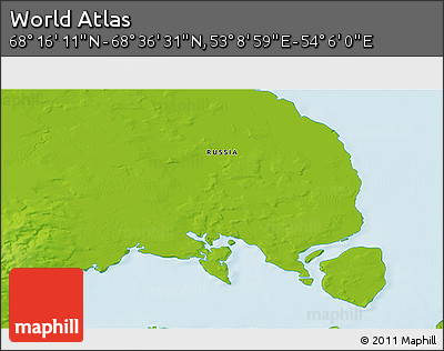 Physical 3D Map of the Area around 68° 26' 21" N, 53° 37' 30" E