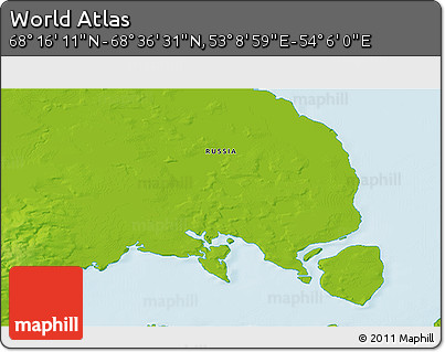 Physical 3D Map of the Area around 68° 26' 21" N, 53° 37' 30" E