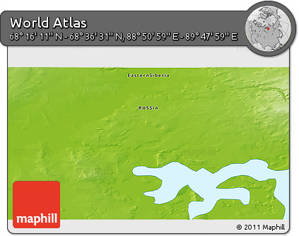 Physical 3D Map of the Area around 68° 26' 21" N, 89° 19' 29" E