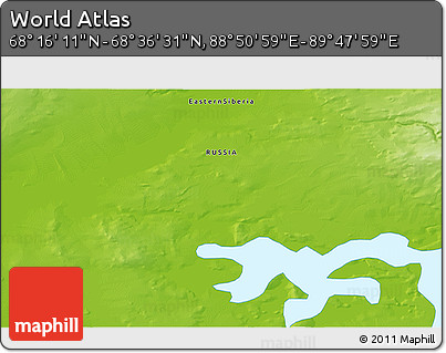 Physical 3D Map of the Area around 68° 26' 21" N, 89° 19' 29" E