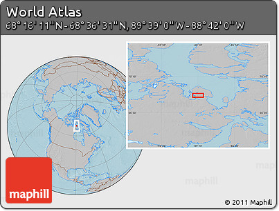 Gray Location Map of the Area around 68° 26' 21" N, 89° 10' 30" W, hill shading