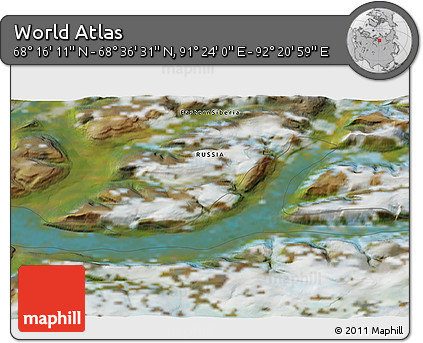Satellite 3D Map of the Area around 68° 26' 21" N, 91° 52' 30" E