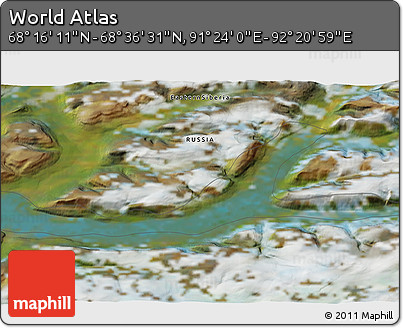 Satellite 3D Map of the Area around 68° 26' 21" N, 91° 52' 30" E