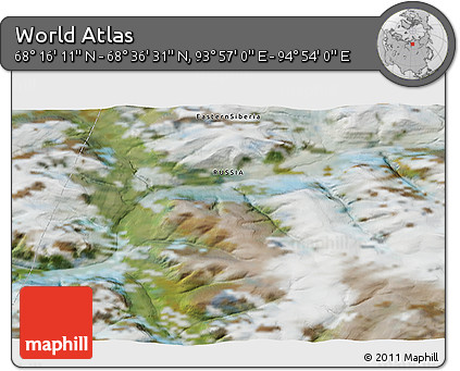 Satellite 3D Map of the Area around 68° 26' 21" N, 94° 25' 30" E