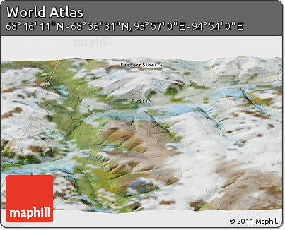 Satellite 3D Map of the Area around 68° 26' 21" N, 94° 25' 30" E