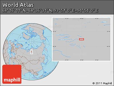 Gray Location Map of the Area around 68° 26' 21" N, 94° 25' 30" E