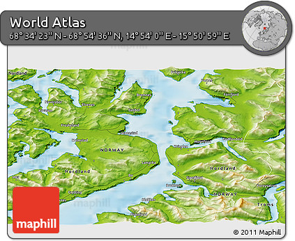 Physical 3D Map of the Area around 68° 44' 30" N, 15° 22' 30" E