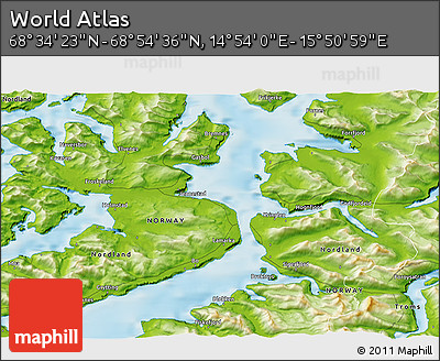 Physical 3D Map of the Area around 68° 44' 30" N, 15° 22' 30" E
