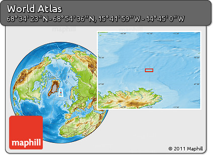Physical Location Map of the Area around 68° 44' 30" N, 15° 13' 29" W