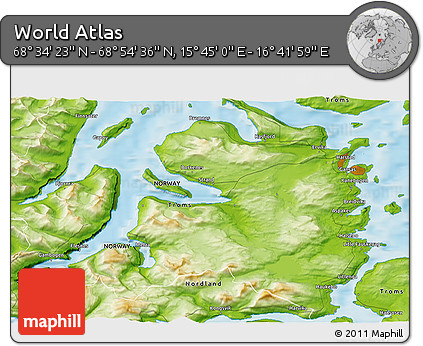 Physical 3D Map of the Area around 68° 44' 30" N, 16° 13' 30" E