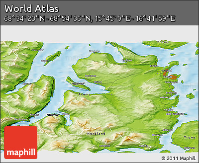 Physical 3D Map of the Area around 68° 44' 30" N, 16° 13' 30" E