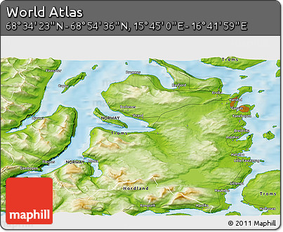 Physical 3D Map of the Area around 68° 44' 30" N, 16° 13' 30" E