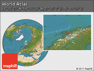Satellite Location Map of the Area around 68° 44' 30" N, 16° 13' 30" E