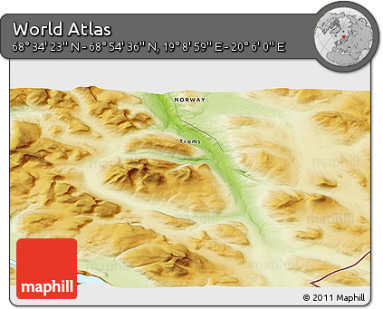 Physical 3D Map of the Area around 68° 44' 30" N, 19° 37' 30" E