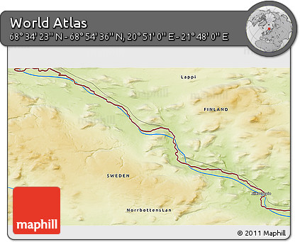 Physical 3D Map of the Area around 68° 44' 30" N, 21° 19' 30" E