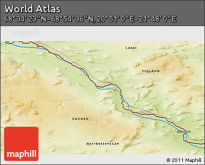 Physical 3D Map of the Area around 68° 44' 30" N, 21° 19' 30" E