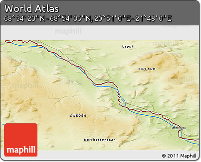 Physical 3D Map of the Area around 68° 44' 30" N, 21° 19' 30" E