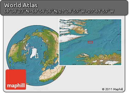Satellite Location Map of the Area around 68° 44' 30" N, 21° 10' 29" W