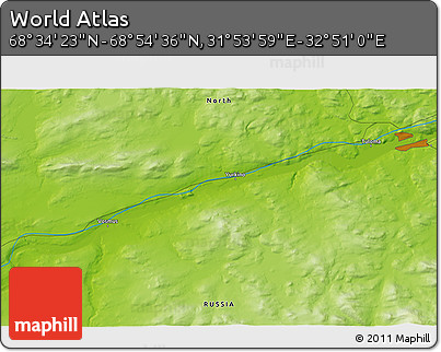 Physical 3D Map of the Area around 68° 44' 30" N, 32° 22' 30" E