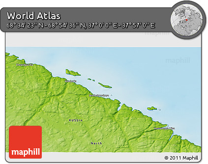 Physical 3D Map of the Area around 68° 44' 30" N, 37° 28' 30" E