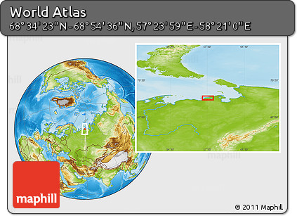 Physical Location Map of the Area around 68° 44' 30" N, 57° 52' 30" E