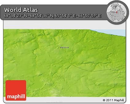 Physical 3D Map of the Area around 68° 44' 30" N, 66° 22' 30" E