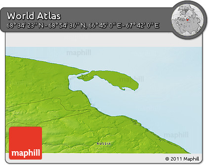 Physical 3D Map of the Area around 68° 44' 30" N, 67° 13' 29" E