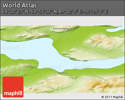 Physical 3D Map of the Area around 68° 44' 30" N, 90° 10' 30" E