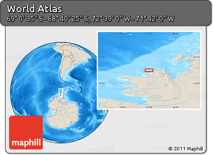 Shaded Relief Location Map of the Area around 68° 50' 30" S, 72° 10' 30" W