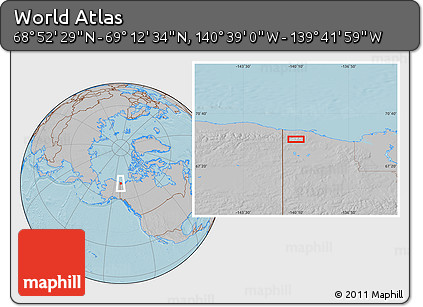 Gray Location Map of the Area around 69° 2' 31" N, 140° 10' 30" W, hill shading