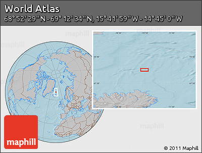 Gray Location Map of the Area around 69° 2' 31" N, 15° 13' 29" W, hill shading