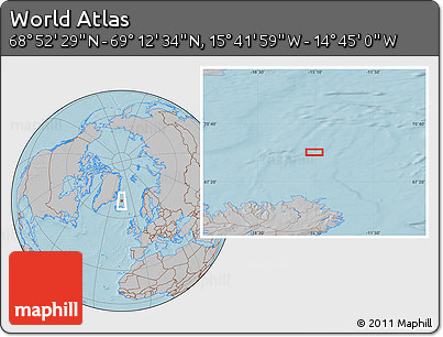 Gray Location Map of the Area around 69° 2' 31" N, 15° 13' 29" W, hill shading