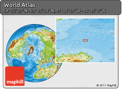 Physical Location Map of the Area around 69° 2' 31" N, 15° 13' 29" W