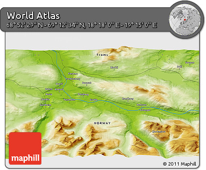 Physical 3D Map of the Area around 69° 2' 31" N, 18° 46' 29" E