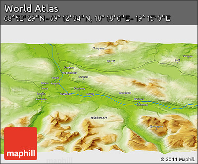 Physical 3D Map of the Area around 69° 2' 31" N, 18° 46' 29" E